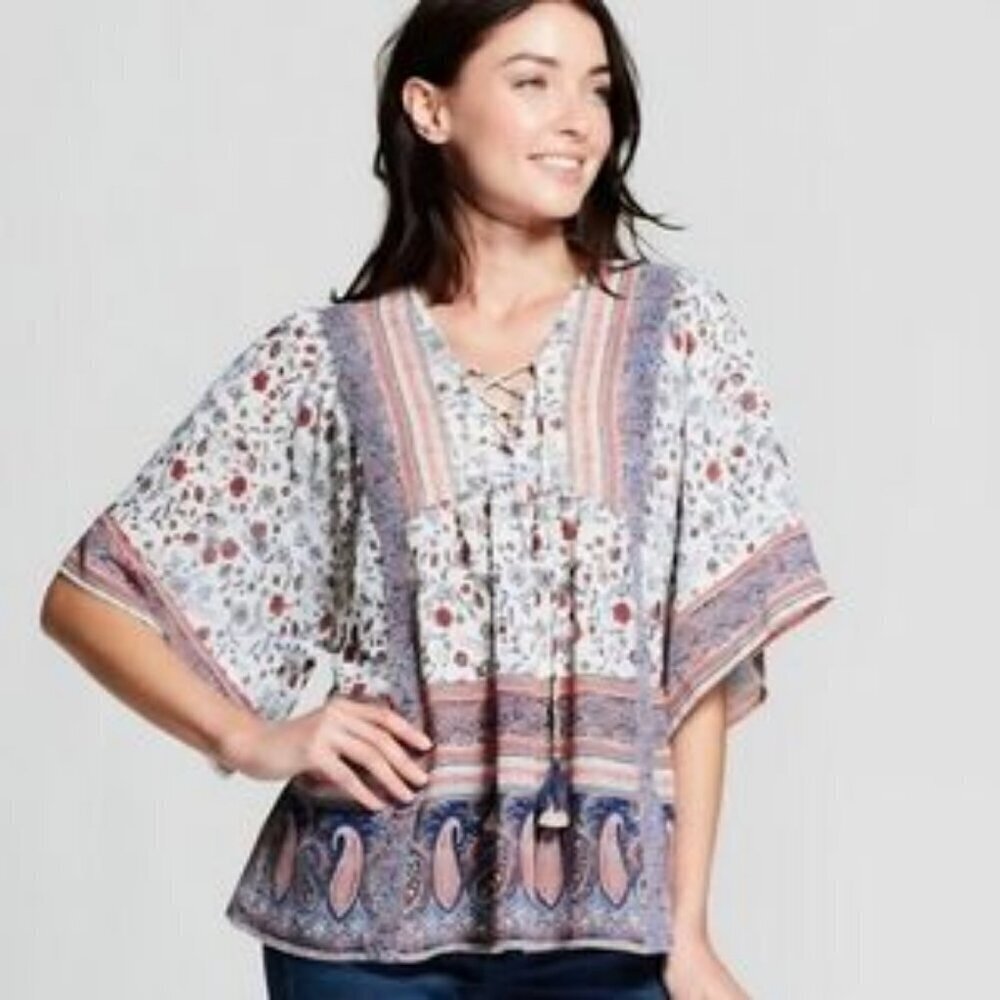 Knox Rose Blue Red White Flutter Sleeve Floral Boho Cottagecore Top